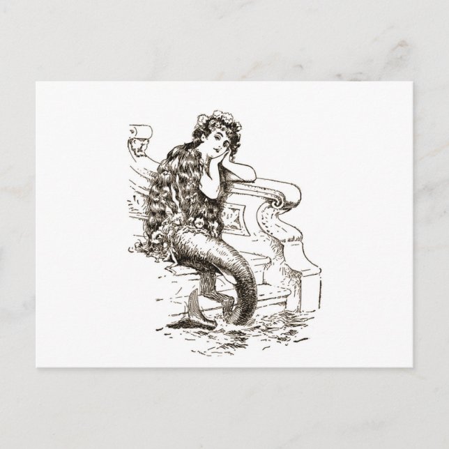Vintage Black White Mermaid Drawing Postcard (Front)