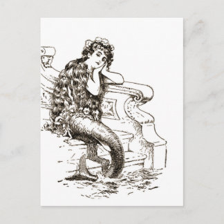 Vintage Black White Mermaid Drawing Postcard