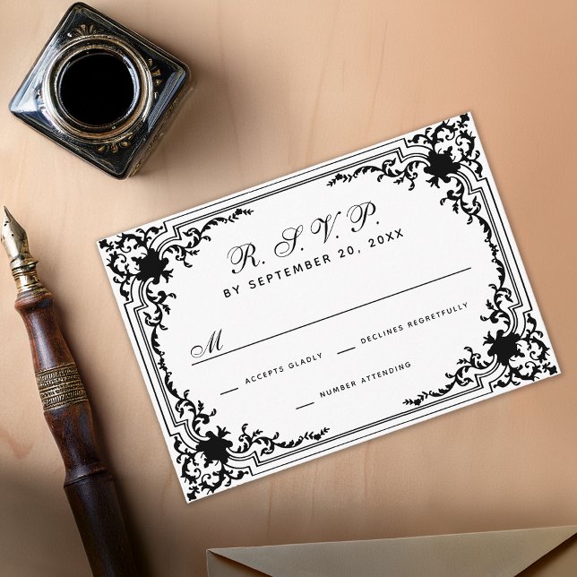 Vintage Black & White Monochrome Elegant Wedding RSVP Card (Creator Uploaded)