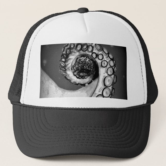 Vintage Black & White Nautical Octopus Tentacle Trucker Hat (Front)
