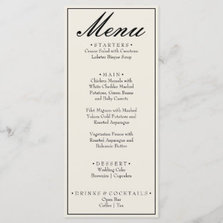 Vintage Black White Old Money Fancy Wedding Menu