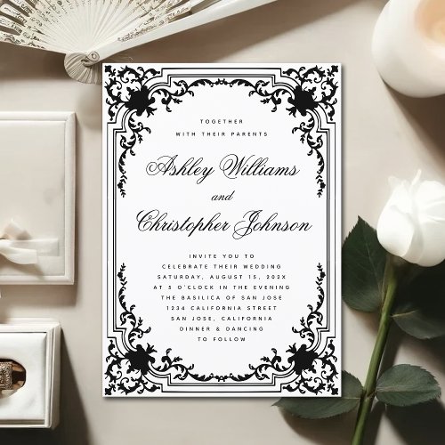 Vintage Black  White Ornate Frame Elegant Wedding Invitation