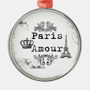 Vintage Black White Paris Amour Eiffel Tower Metal Ornament