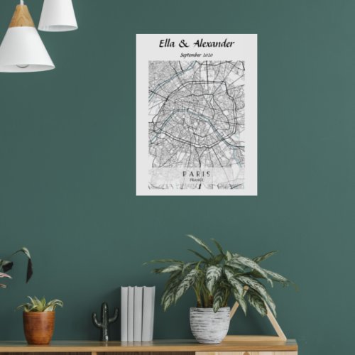 Vintage Black  White Paris City Map Poster