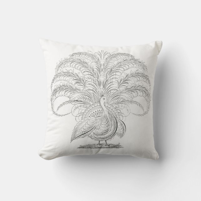 Vintage black white peacock drawing throw pillow (Front)
