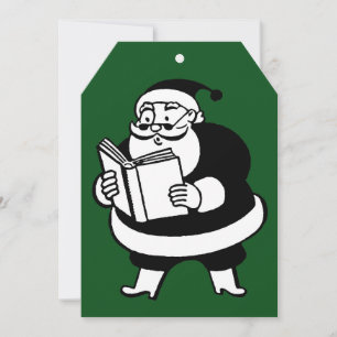 Vintage Black & White Reading Santa Green Gift Tag Holiday Card