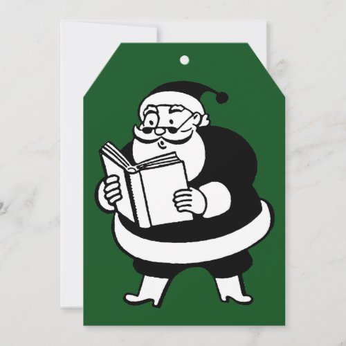 Vintage Black  White Reading Santa Green Gift Tag Holiday Card