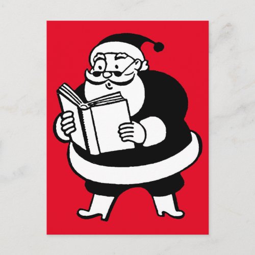 Vintage Black  White Reading Santa On Red Holiday Postcard