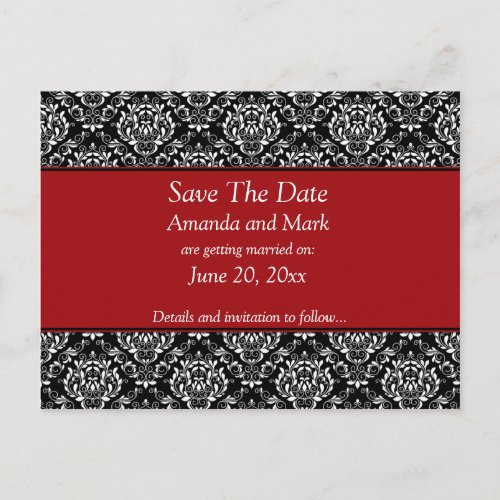 Vintage Black White Red Damask Save The Date Announcement Postcard
