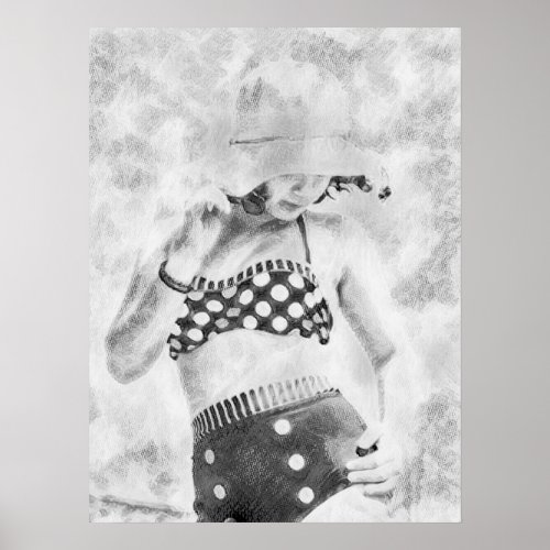 Vintage Black White Retro Girl Polka Dot Bikini Poster