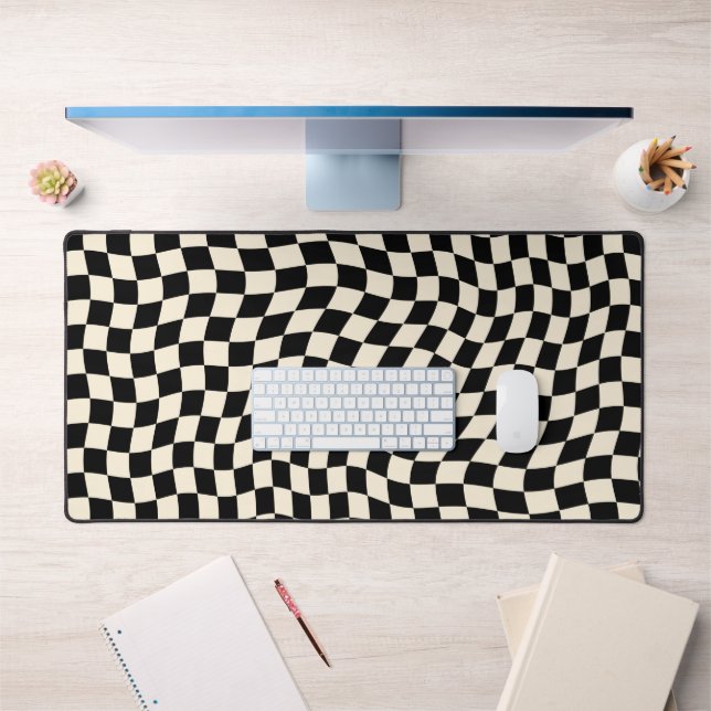 Vintage Black White Retro Wavy Checkerboard Desk Mat (Office 1)