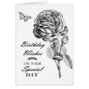 Vintage black white roses birthday wish typography cards
