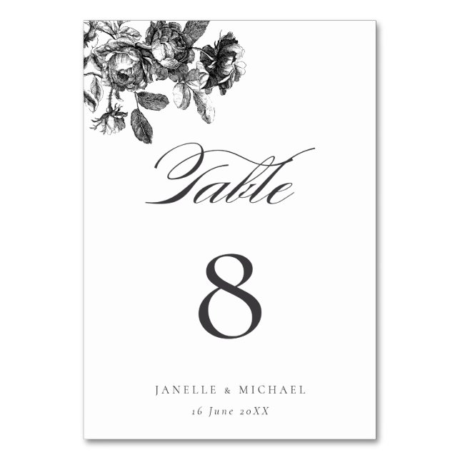 Vintage Black & White Roses Toile Wedding  Table Number (Front)