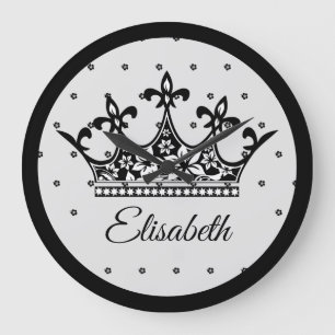Vintage Black & White Royal Floral Crown Queen Large Clock