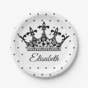 Vintage Black & White Royal Floral Crown Queen Paper Plates