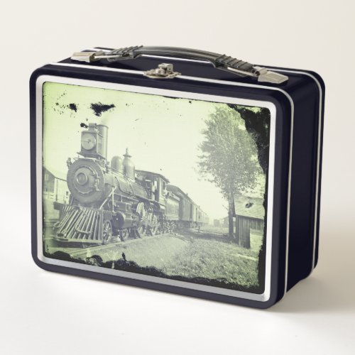 Vintage Black  White Steam Train Metal Lunch Box