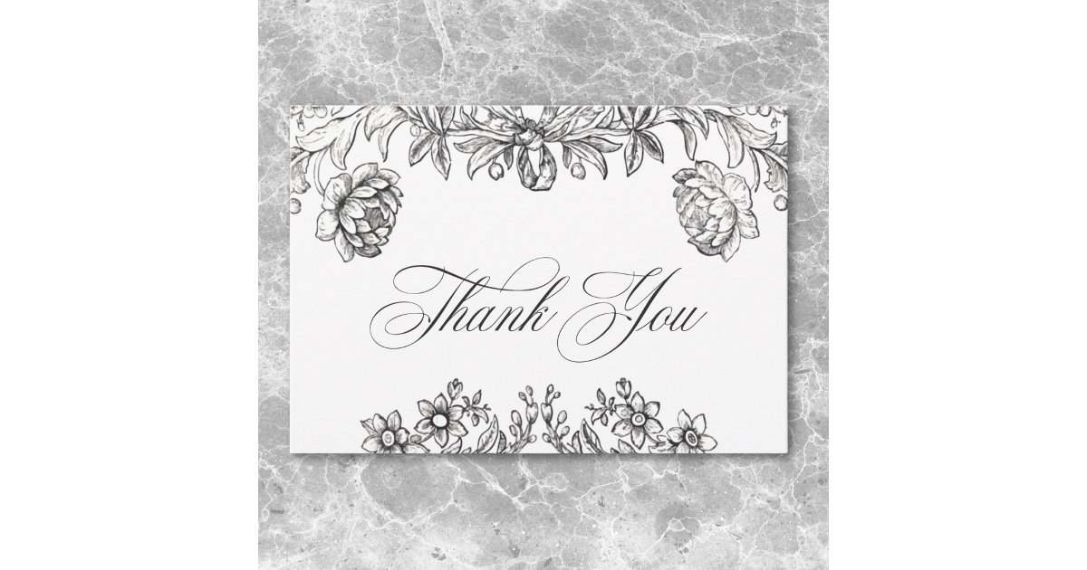 Vintage Black & White Tapestry Floral Wedding Thank You Card | Zazzle