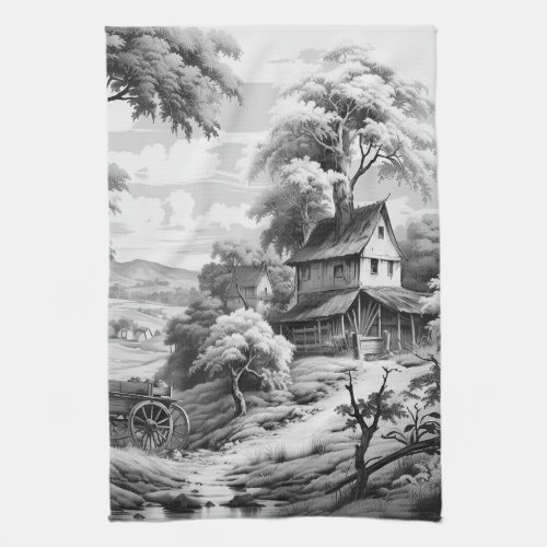 Vintage Black  White Toile Farmhouse Wagon Kitchen Towel