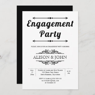 Vintage black, white typography engagement party invitation