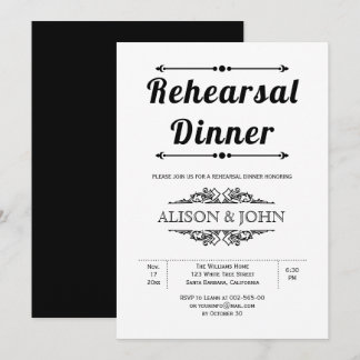 Vintage black, white typography rehearsal dinner invitation