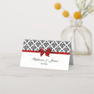 Vintage Black Wht Damask Red Bow Escort Cards