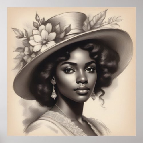 Vintage Black Woman Portrait Sketch Poster