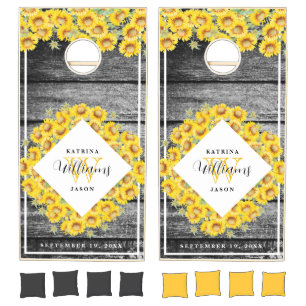 Vintage Black Wood Sunflower Initial Monogrammed Cornhole Set