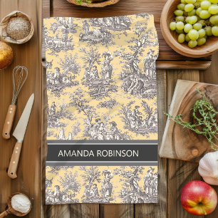 Vintage Black Yellow French Country Toile de Jouy Kitchen Towel