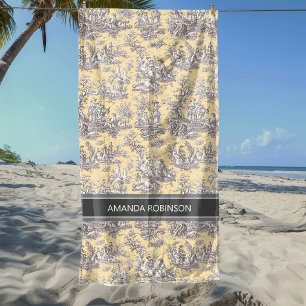 Vintage Black Yellow French Toile de Jouy Scene Beach Towel