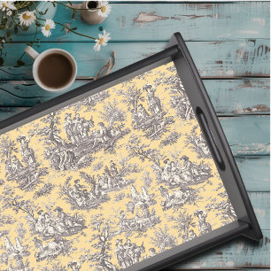 Vintage black yellow toile de jouy printed serving tray