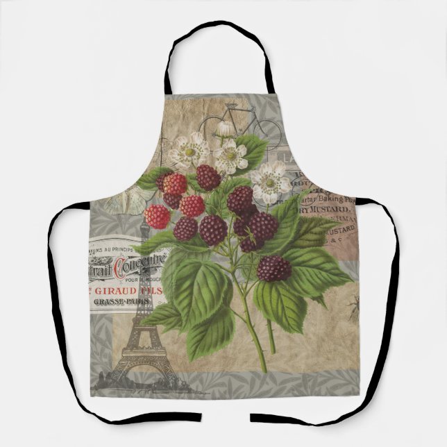 Vintage Blackberries & French Ephemera Art Collage Apron (Front)