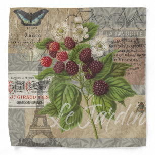 Vintage Blackberries & French Ephemera Art Collage Bandana