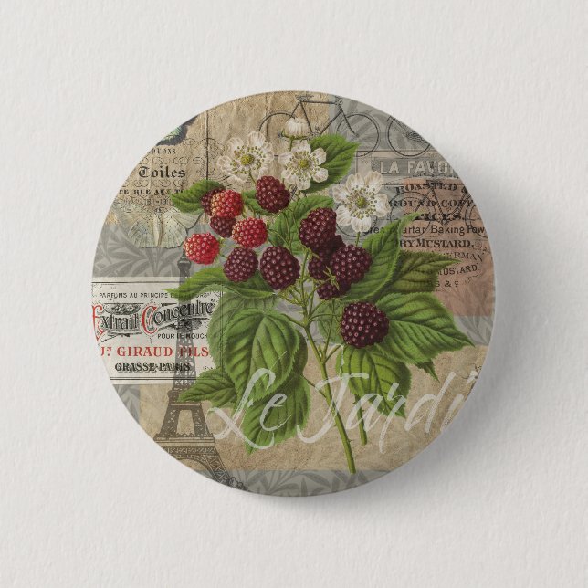 Vintage Blackberries & French Ephemera Art Collage Button (Front)