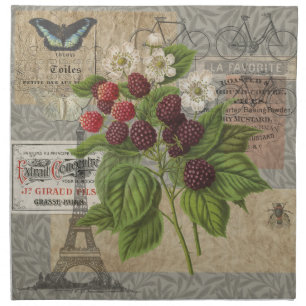 Vintage Blackberries & French Ephemera Art Collage Cloth Napkin