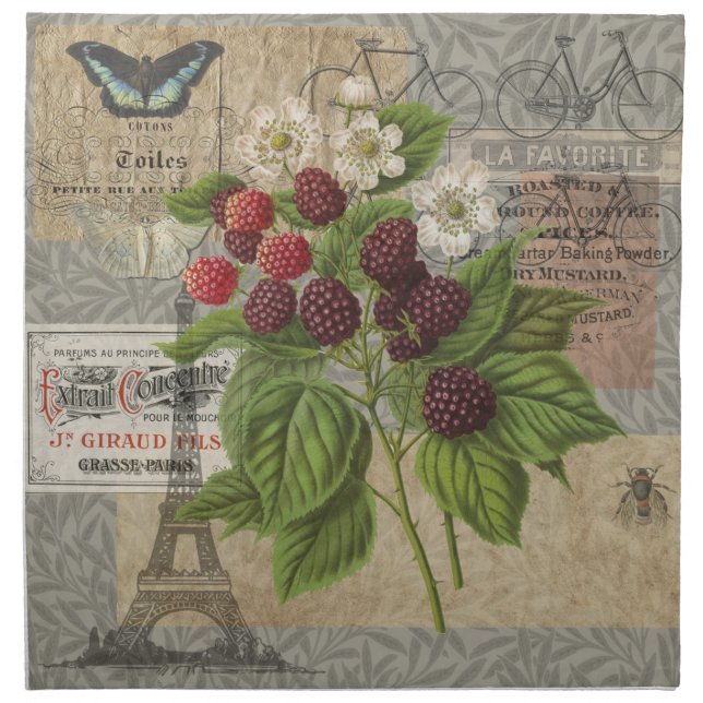 Vintage Blackberries & French Ephemera Art Collage Cloth Napkin (Front)