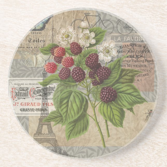 Vintage Blackberries & French Ephemera Art Collage Coaster (Front)