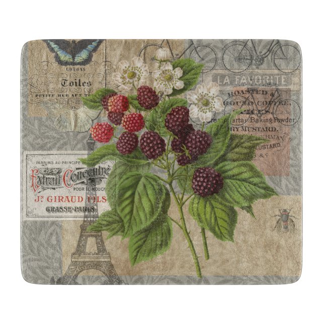 Vintage Blackberries & French Ephemera Art Collage Cutting Board (Front)