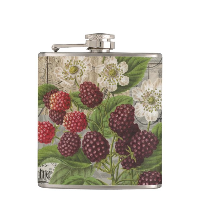 Vintage Blackberries & French Ephemera Art Collage Flask (Front)