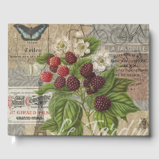 Vintage Blackberries & French Ephemera Art Collage Guest Book (Front)