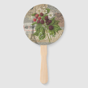 Vintage Blackberries & French Ephemera Art Collage Hand Fan