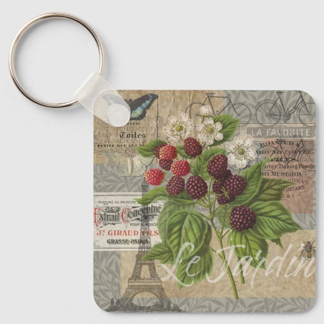Vintage Blackberries & French Ephemera Art Collage Keychain (Front)