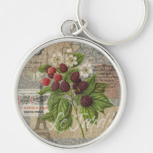 Vintage Blackberries & French Ephemera Art Collage Keychain