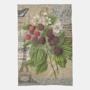 Vintage Blackberries & French Ephemera Art Collage Kitchen Towel