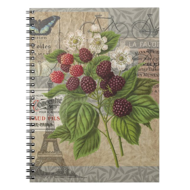 Vintage Blackberries & French Ephemera Art Collage Notebook (Front)