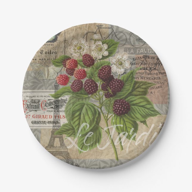 Vintage Blackberries & French Ephemera Art Collage Paper Plates (Front)