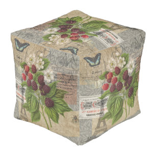 Vintage Blackberries & French Ephemera Art Collage Pouf