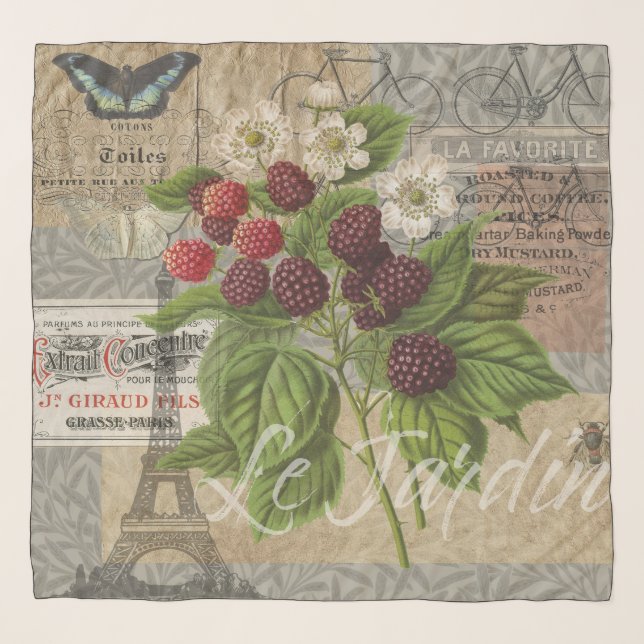 Vintage Blackberries & French Ephemera Art Collage Scarf (Front)