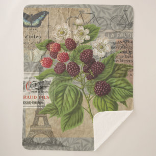 Vintage Blackberries & French Ephemera Art Collage Sherpa Blanket