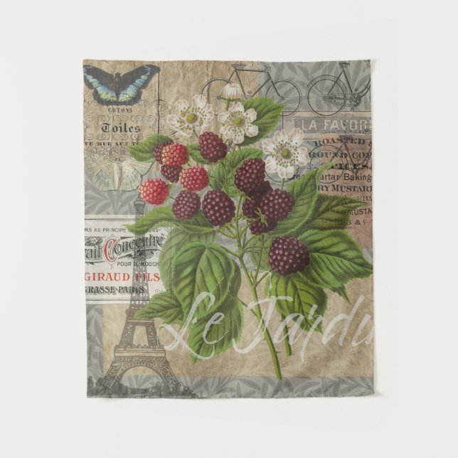 Vintage Blackberries & French Ephemera Art Collage Tapestry (Front)