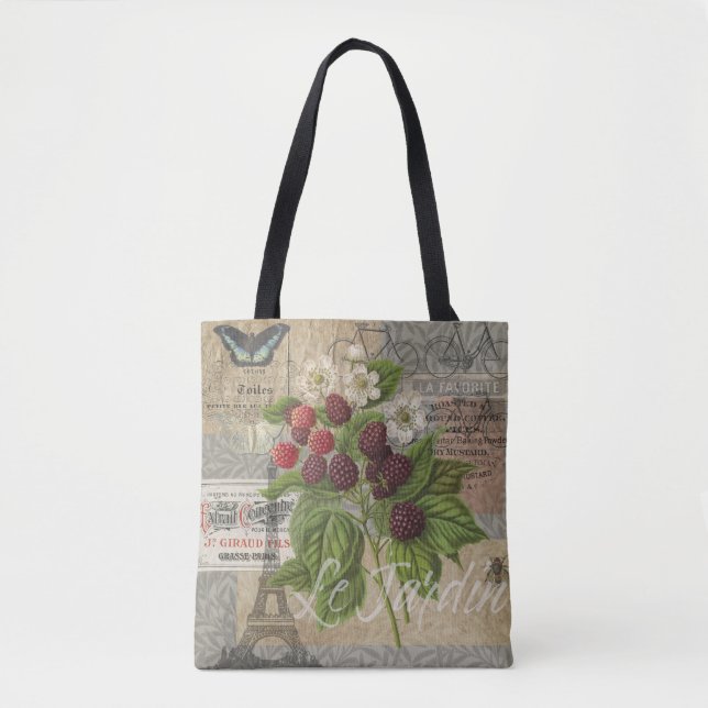 Vintage Blackberries & French Ephemera Art Collage Tote Bag (Front)
